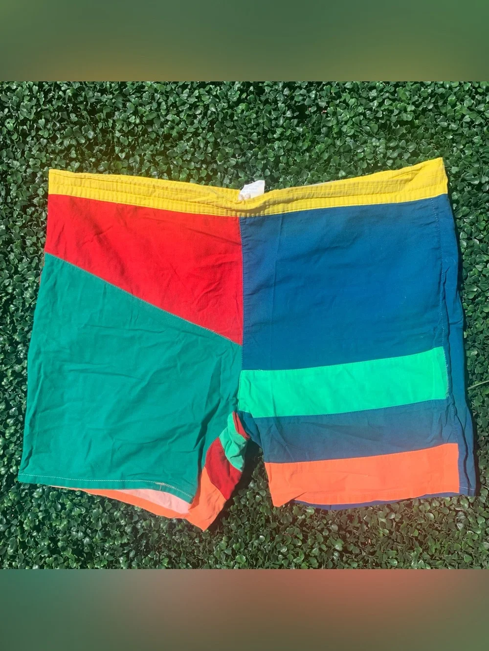 Vintage vibrant colorblock cotton swim trunks - needs elastic repair